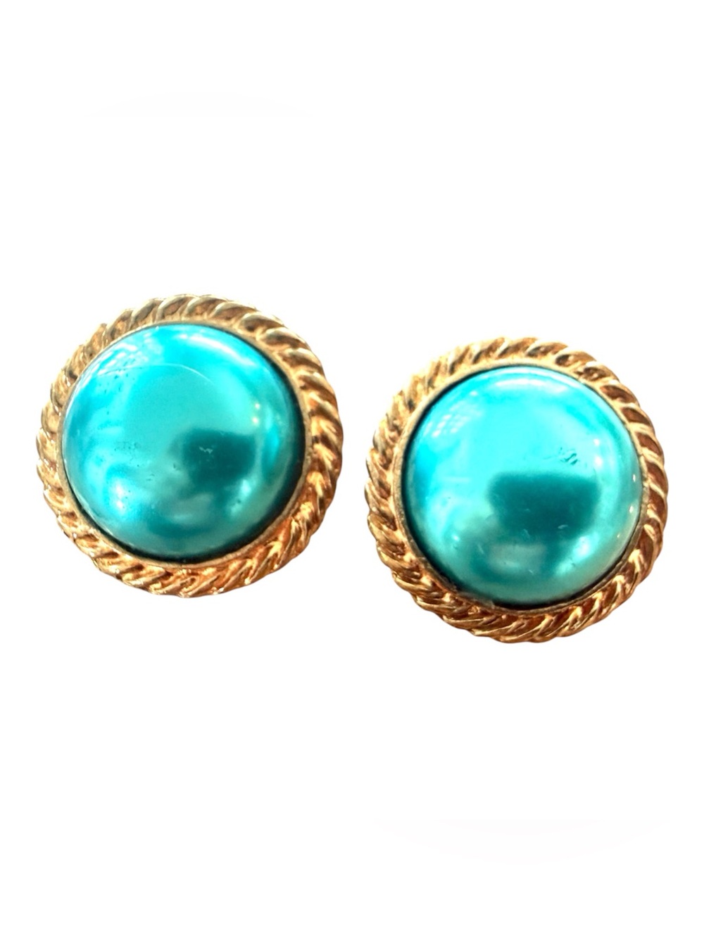 1980’s Gold Clip On Earrings with a Blue Center,  Bold Statement Jewelry, 1”x1”